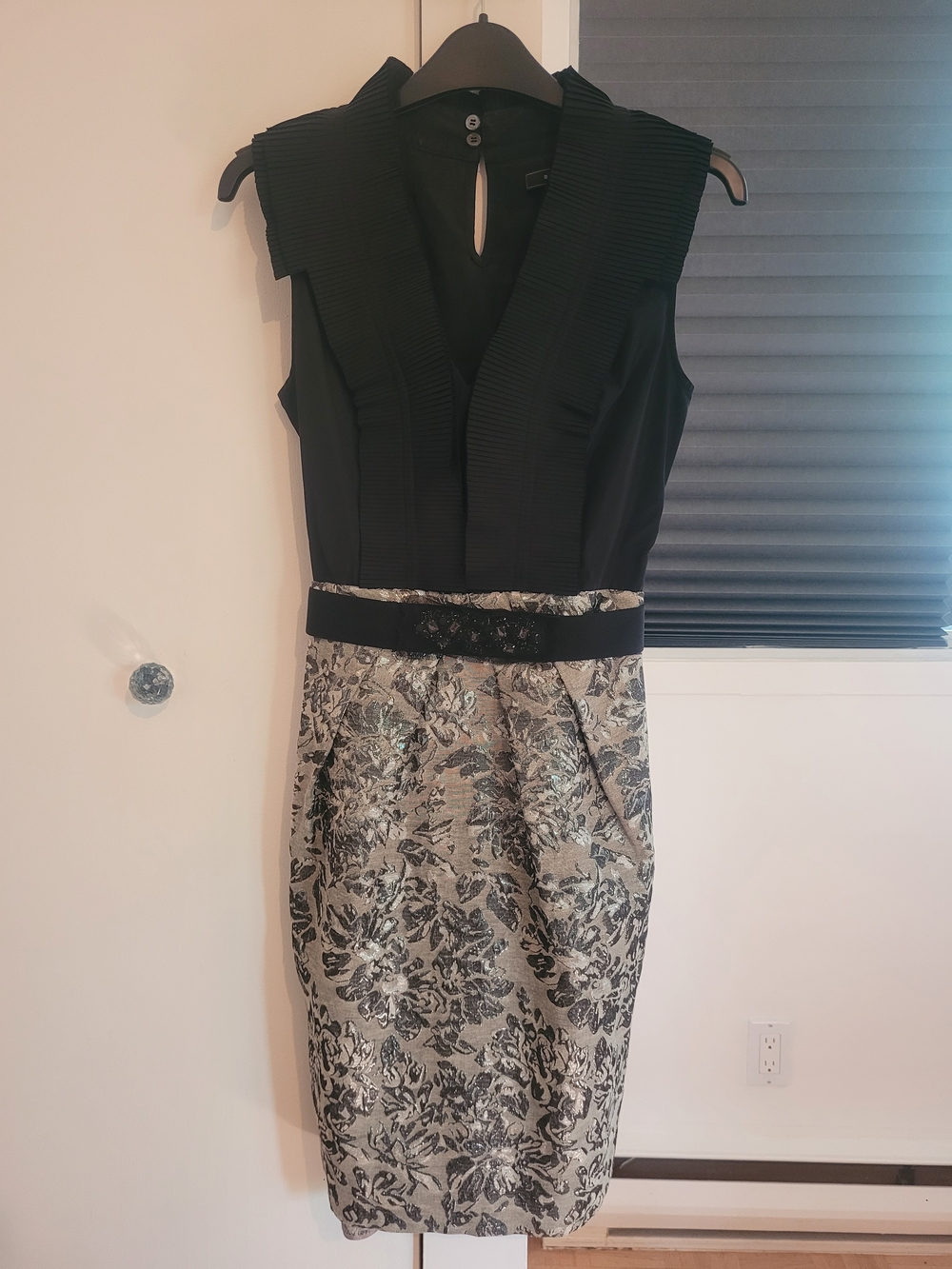 BCBG MaxAzria Black Bodice Silver Brocade Midi Dress